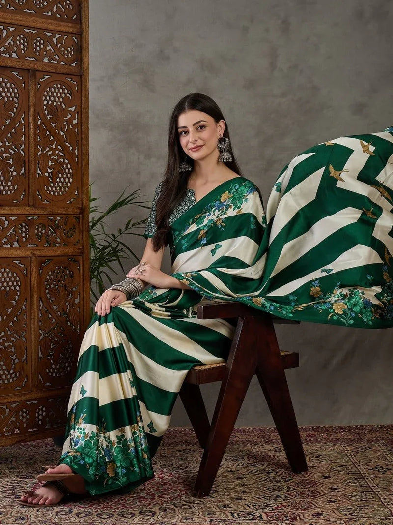 Green Semi Modal Saree With Blouse Piece - EZBER