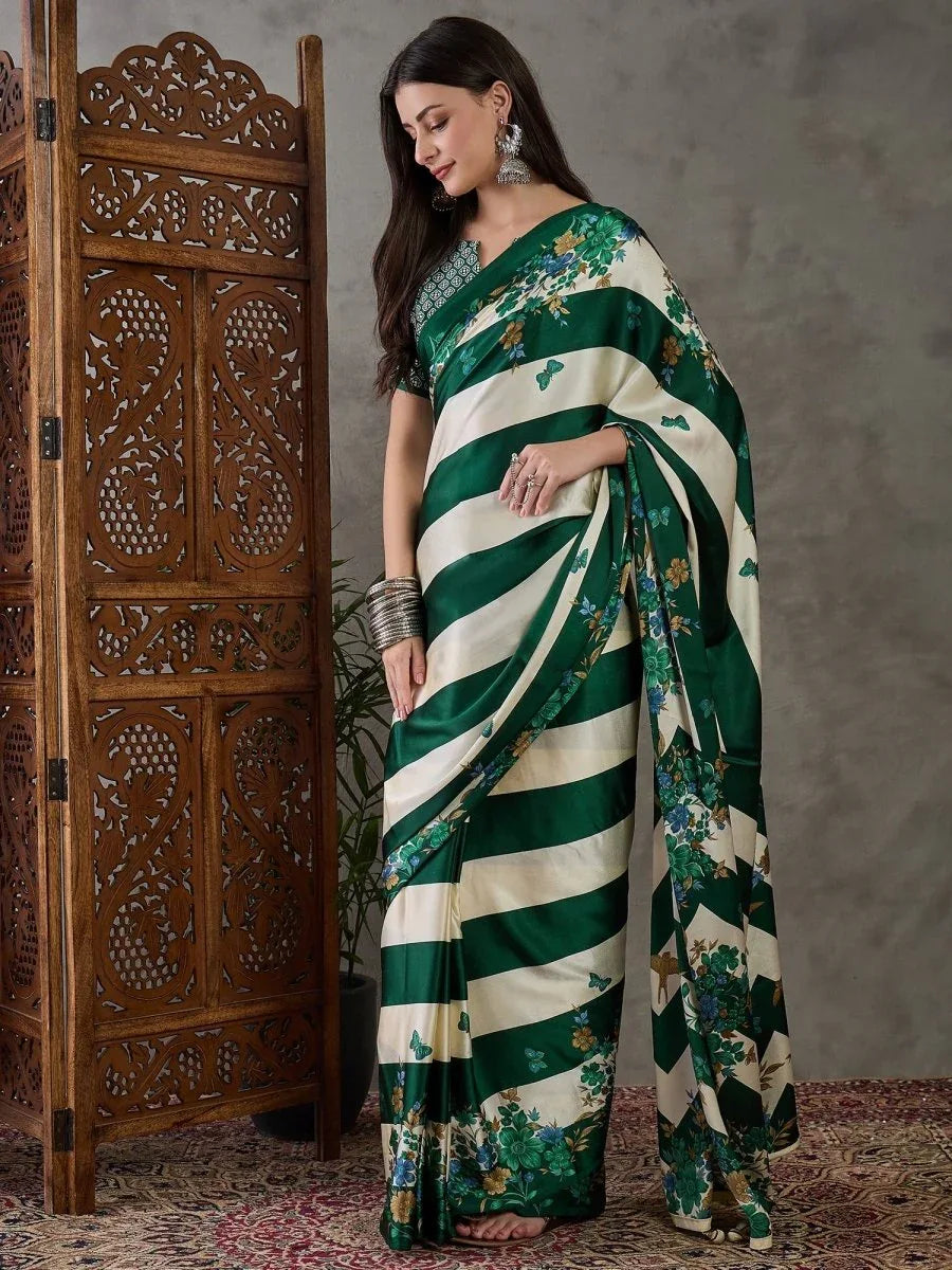 Green Semi Modal Saree With Blouse Piece - EZBER