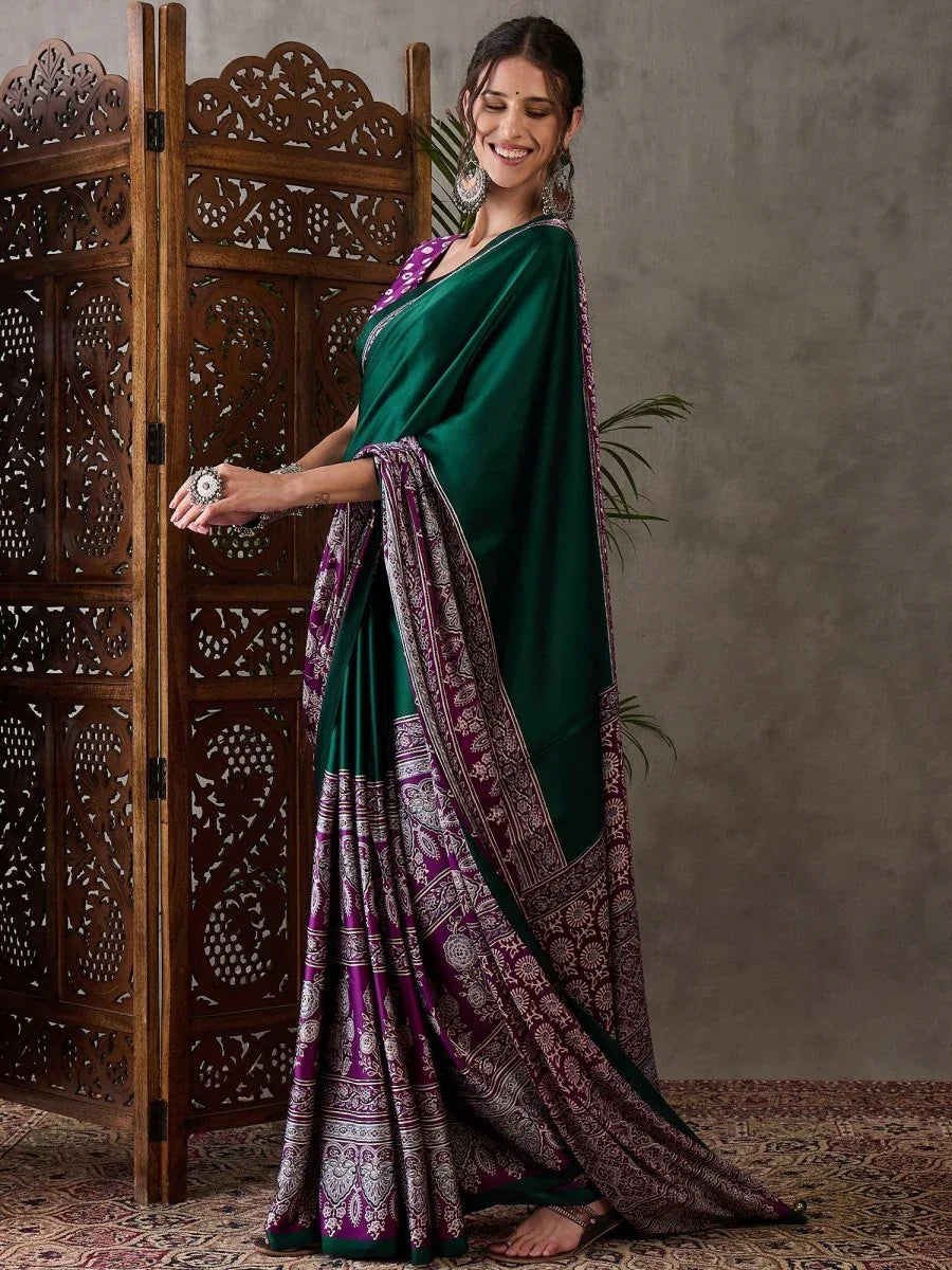 Green Semi Modal Saree With Blouse Piece - EZBER