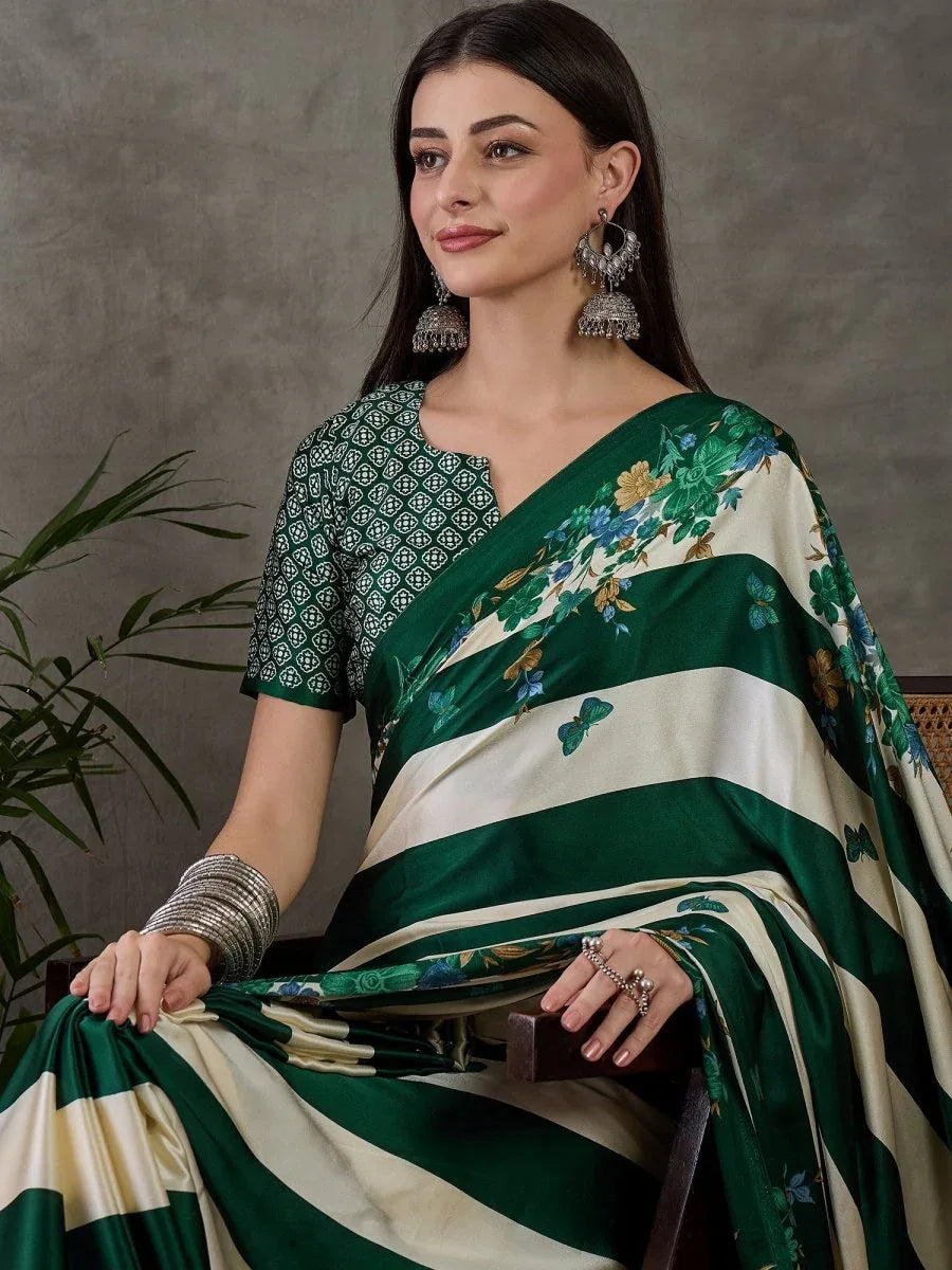 Green Semi Modal Saree With Blouse Piece - EZBER