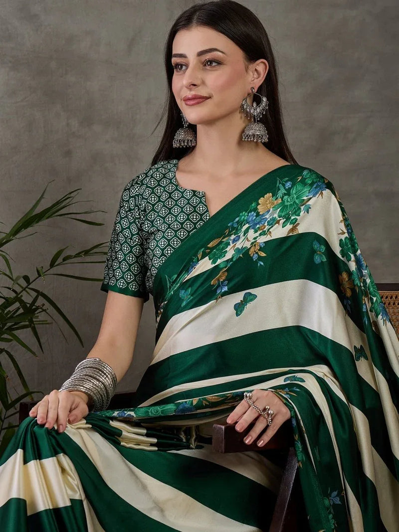 Green Semi Modal Saree With Blouse Piece - EZBER