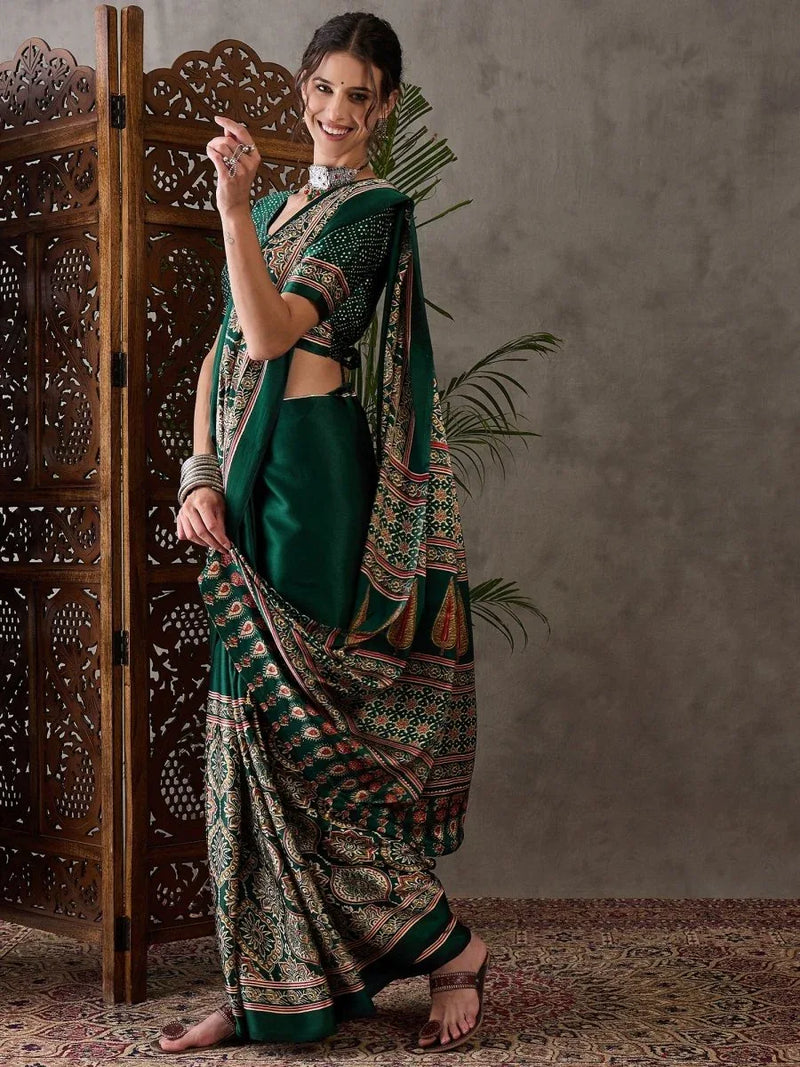 Green Semi Modal Saree With Blouse Piece - EZBER