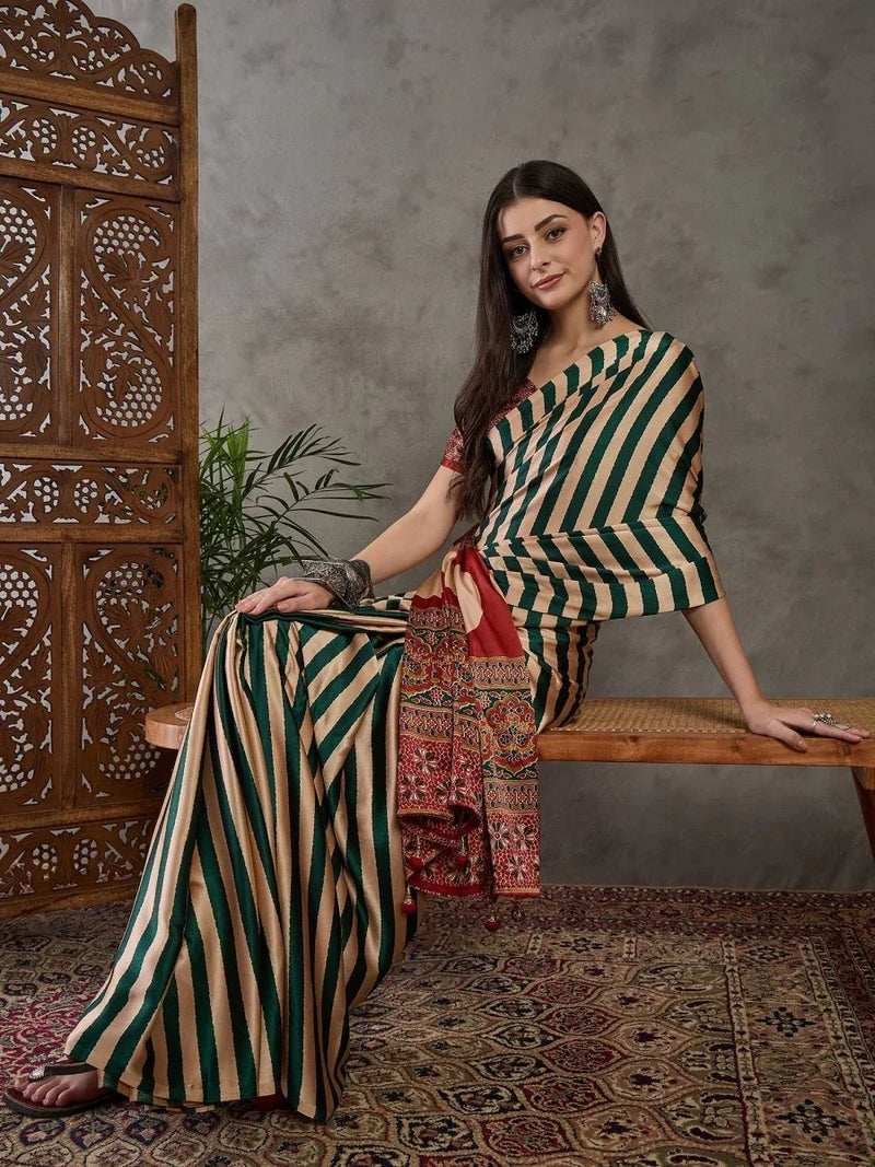 Green Semi Modal Saree With Blouse Piece - EZBER