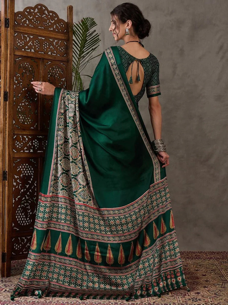 Green Semi Modal Saree With Blouse Piece - EZBER