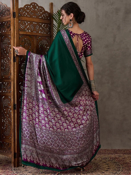 Green Semi Modal Saree With Blouse Piece - EZBER