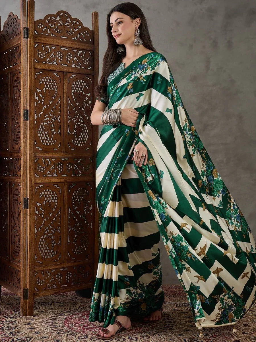 Green Semi Modal Saree With Blouse Piece - EZBER