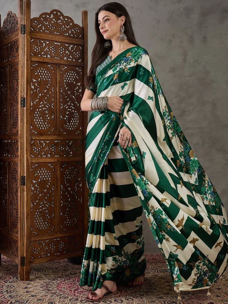 Green Semi Modal Saree With Blouse Piece - EZBER