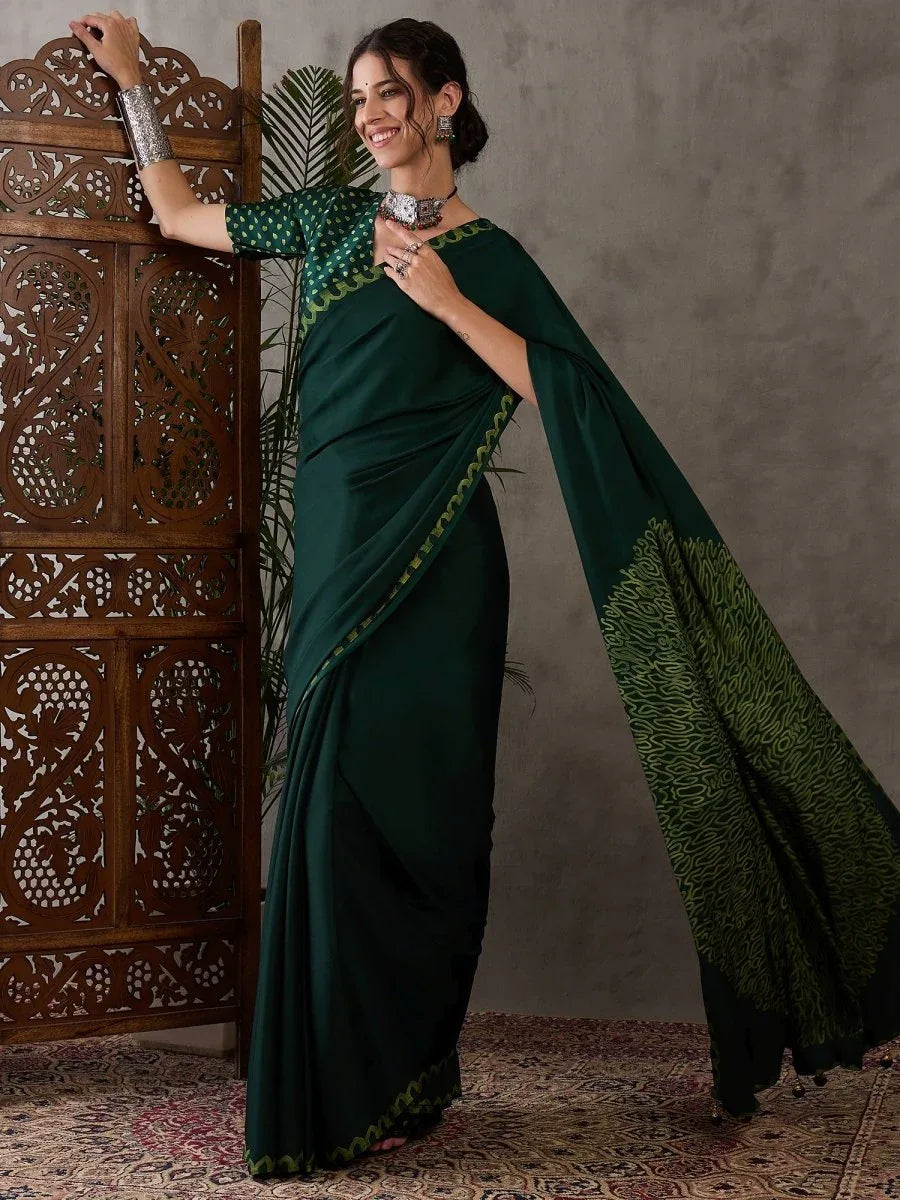 Green Semi Modal Saree With Blouse Piece - EZBER