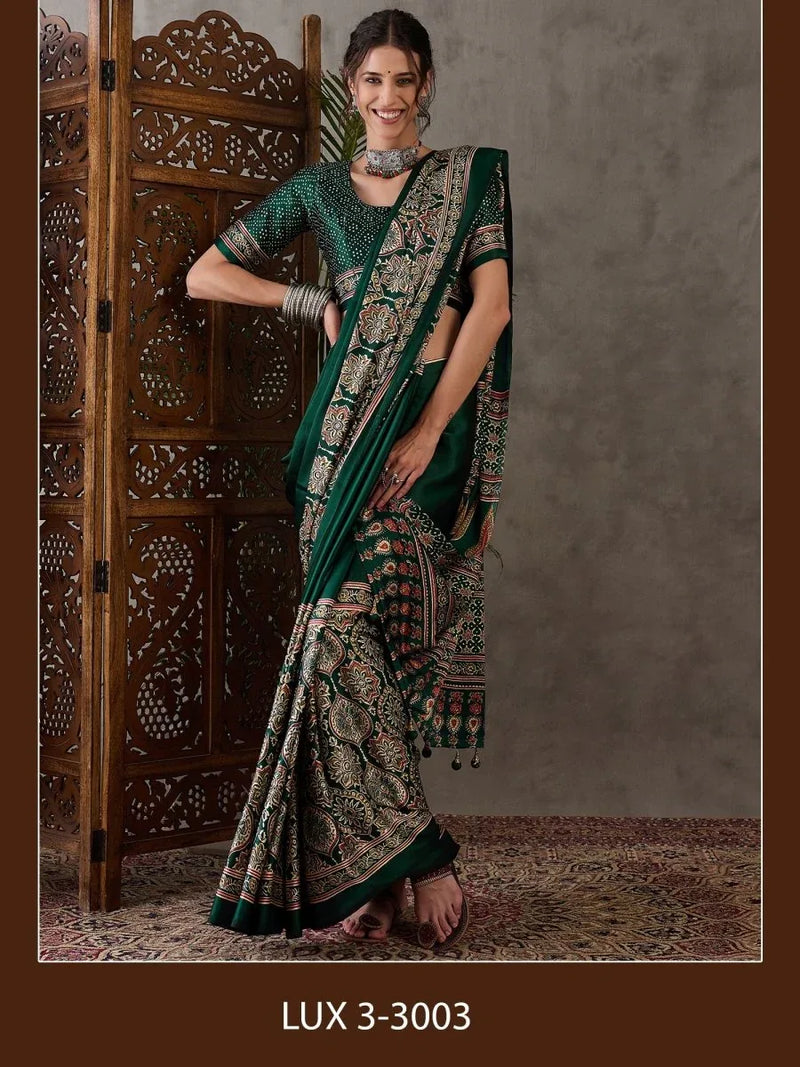 Green Semi Modal Saree With Blouse Piece - EZBER