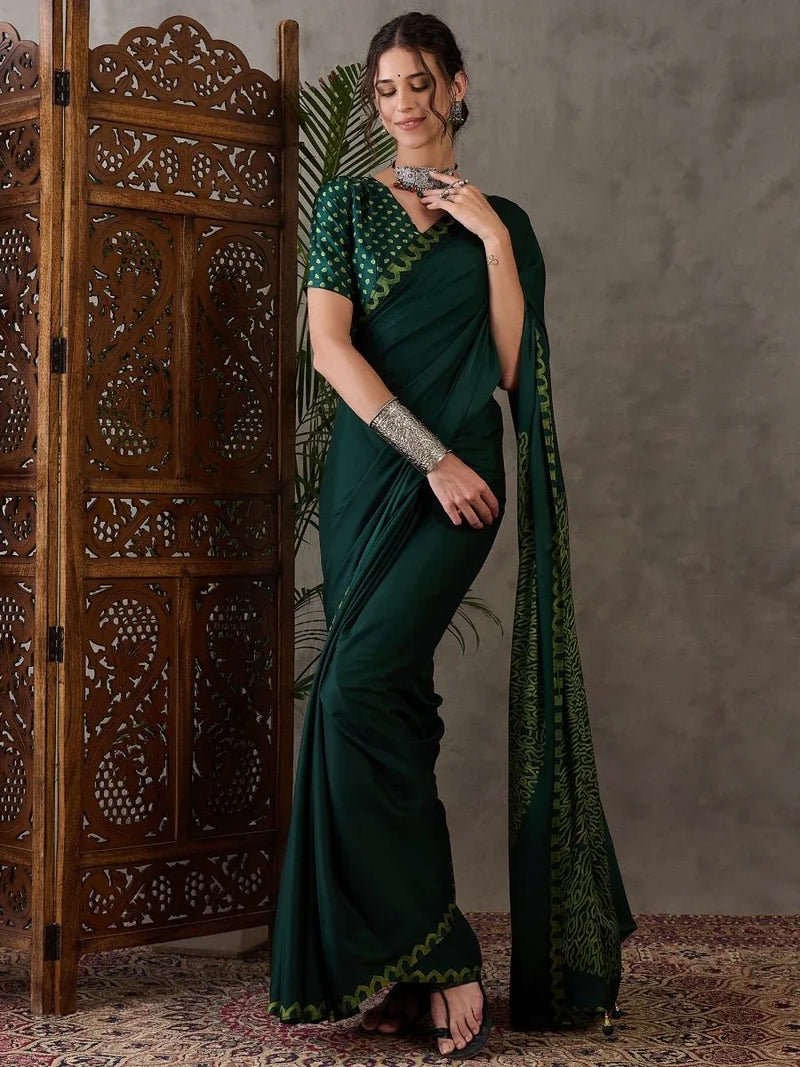 Green Semi Modal Saree With Blouse Piece - EZBER
