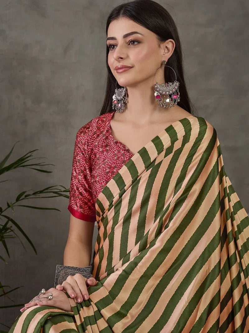 Green Semi Modal Saree With Blouse Piece - EZBER