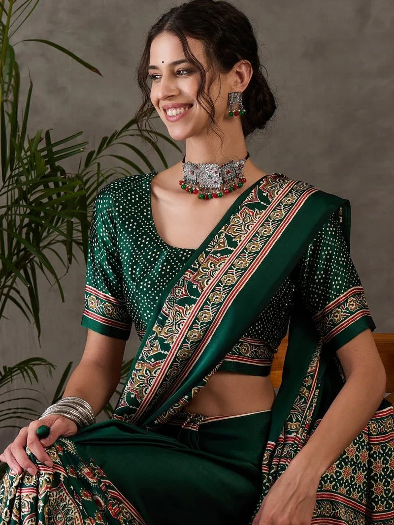 Green Semi Modal Saree With Blouse Piece - EZBER
