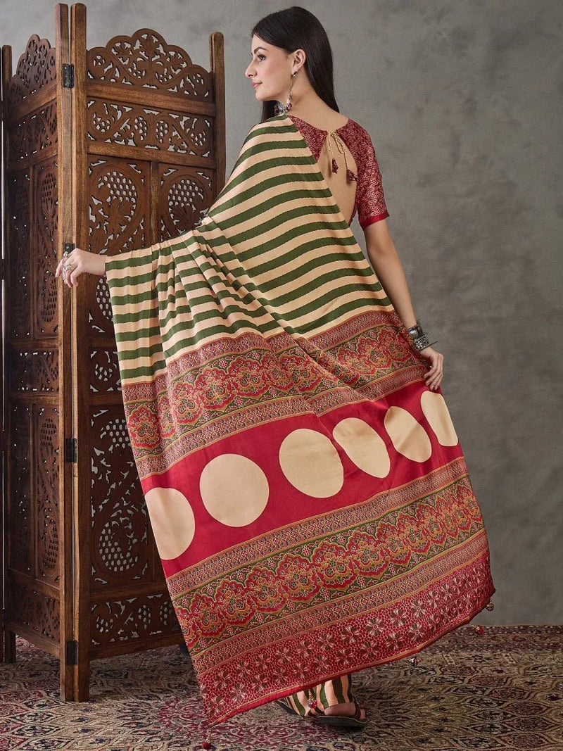 Green Semi Modal Saree With Blouse Piece - EZBER