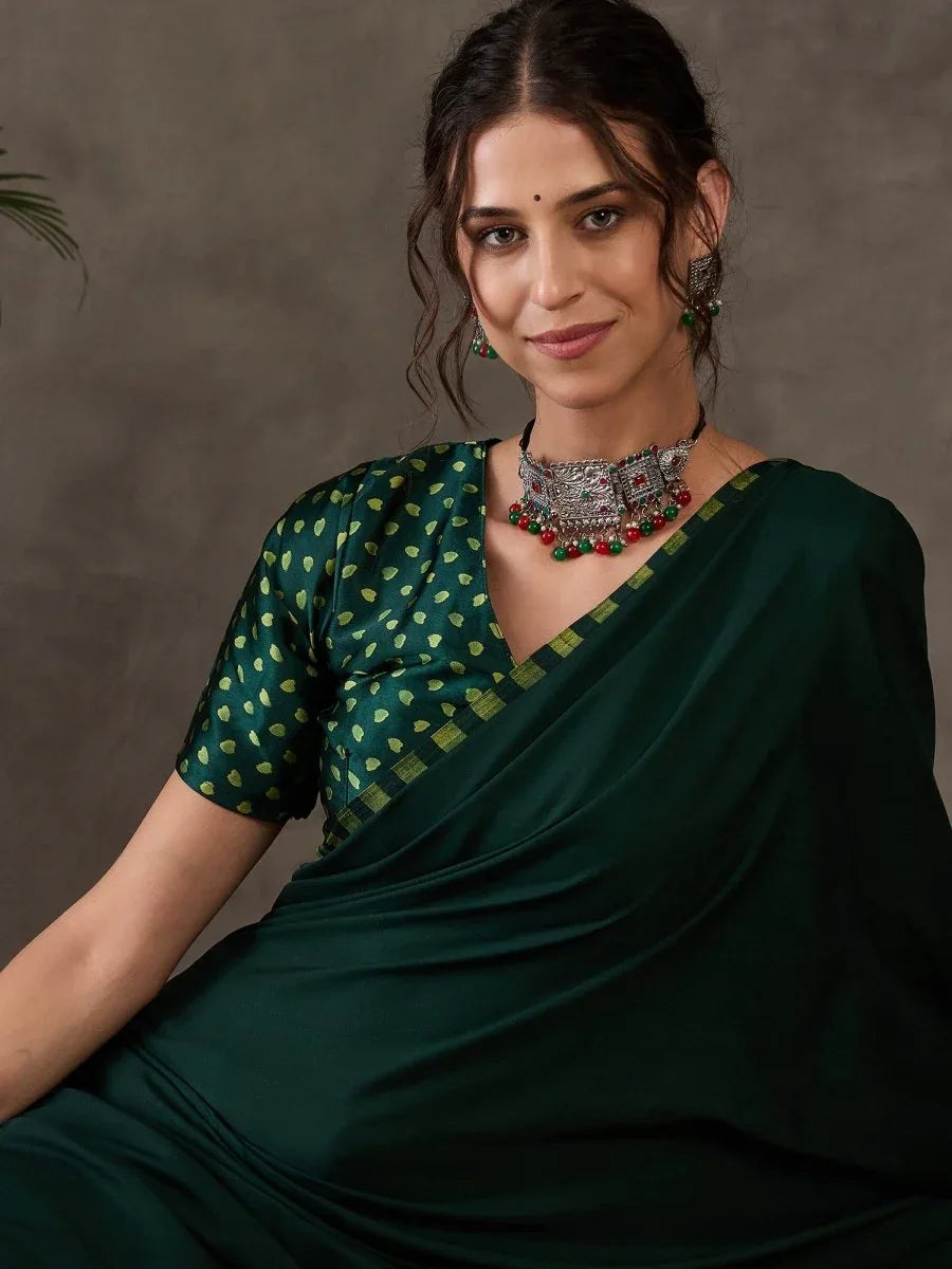 Green Semi Modal Saree With Blouse Piece - EZBER