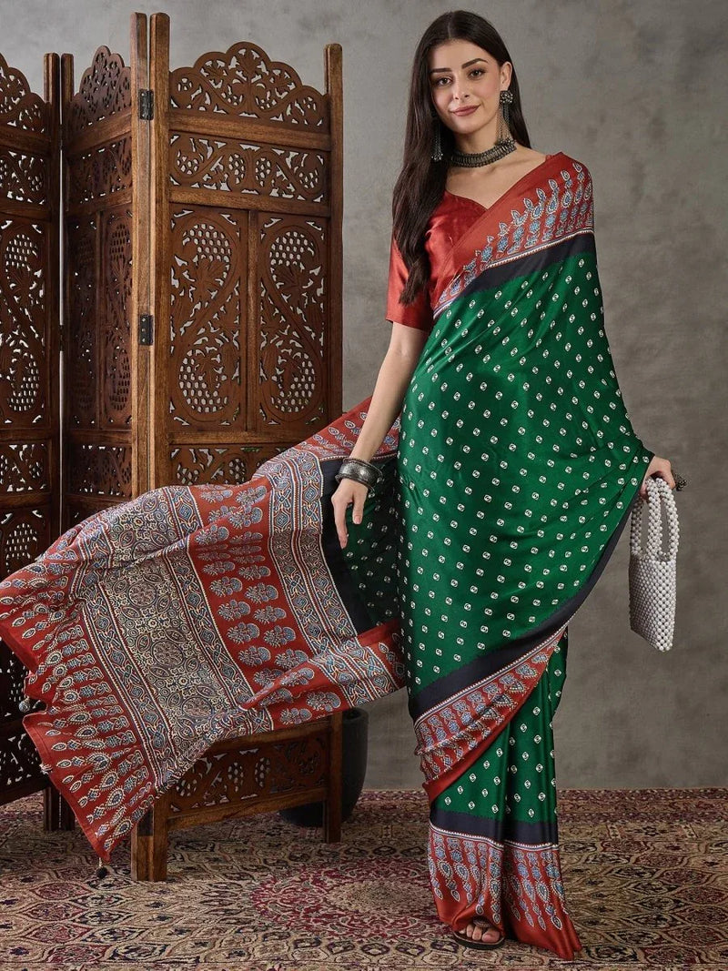 Green Semi Modal Saree With Blouse Piece - EZBER