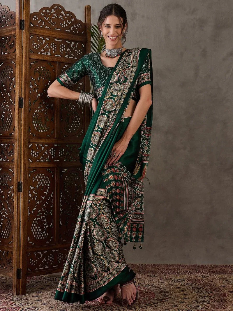 Green Semi Modal Saree With Blouse Piece - EZBER