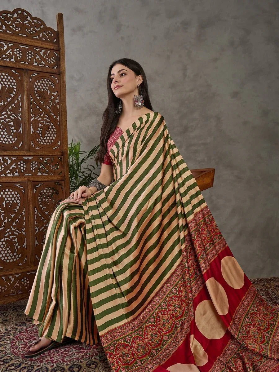 Green Semi Modal Saree With Blouse Piece - EZBER