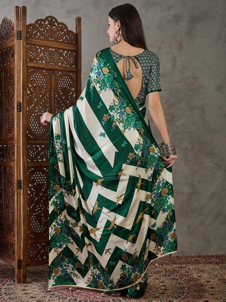 Green Semi Modal Saree With Blouse Piece - EZBER