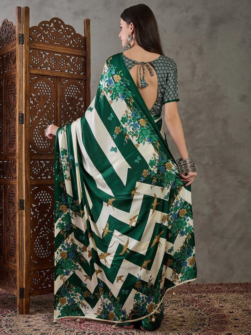Green Semi Modal Saree With Blouse Piece - EZBER