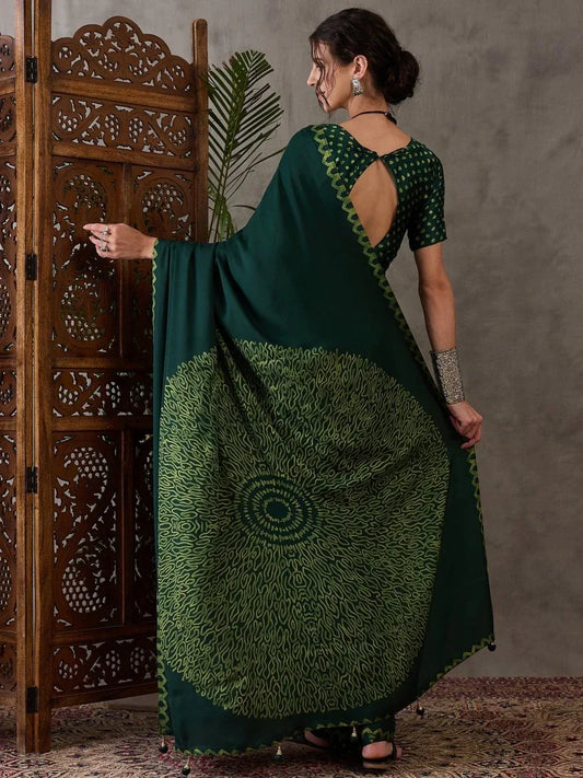 Green Semi Modal Saree With Blouse Piece - EZBER
