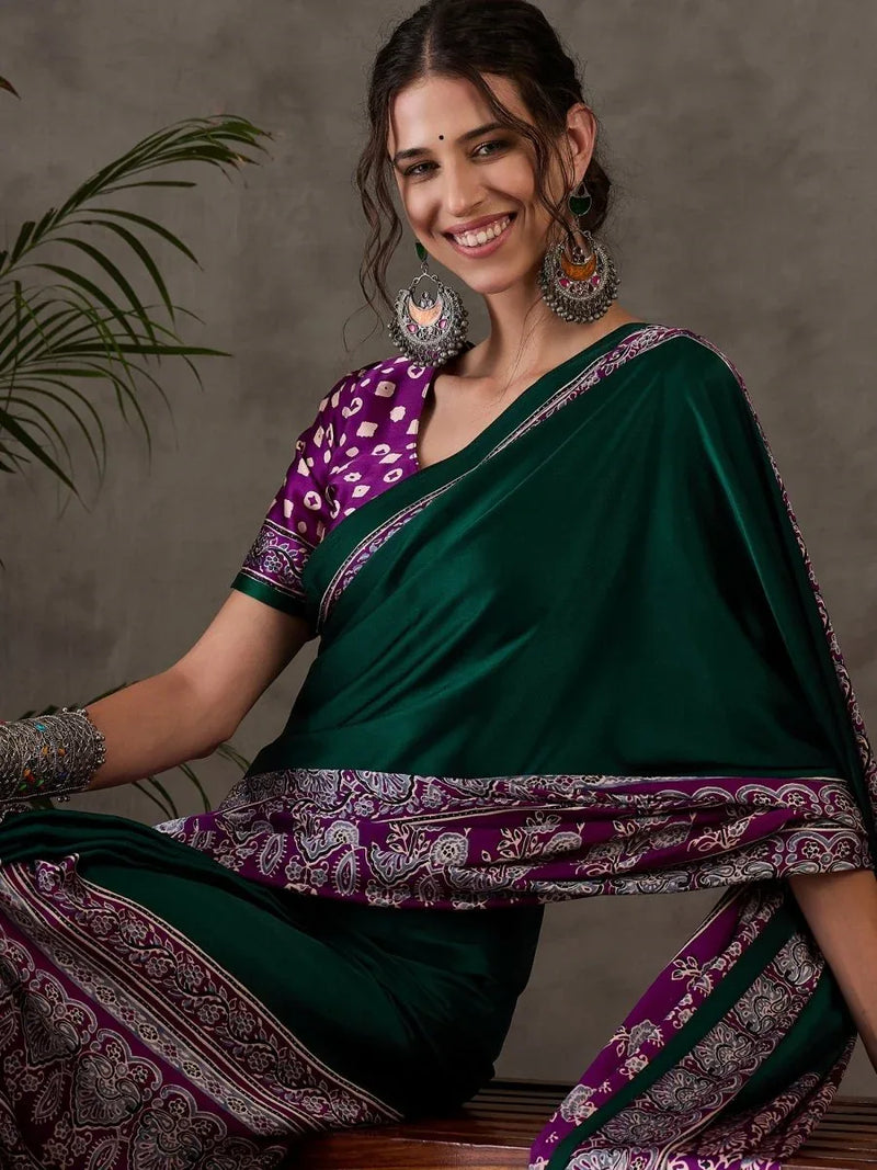 Green Semi Modal Saree With Blouse Piece - EZBER