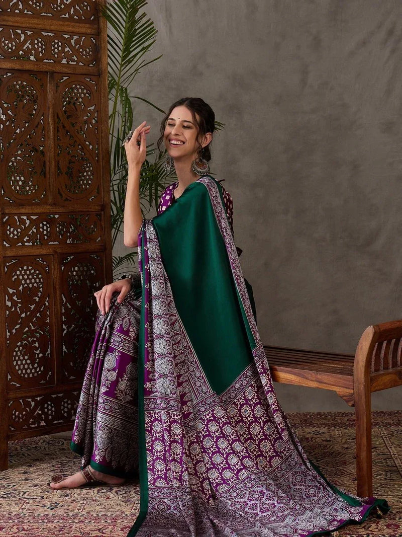 Green Semi Modal Saree With Blouse Piece - EZBER