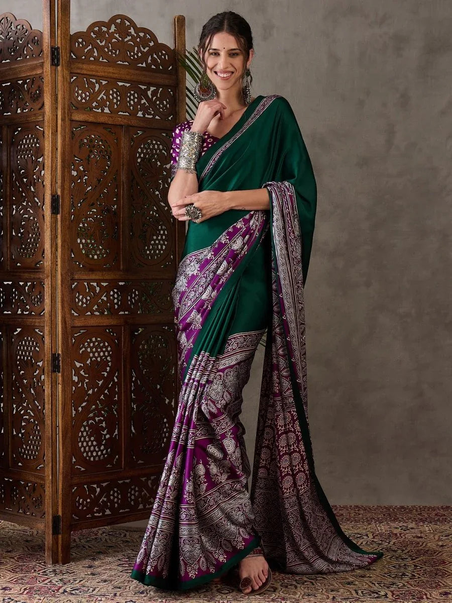 Green Semi Modal Saree With Blouse Piece - EZBER