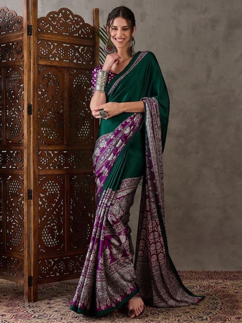 Green Semi Modal Saree With Blouse Piece - EZBER