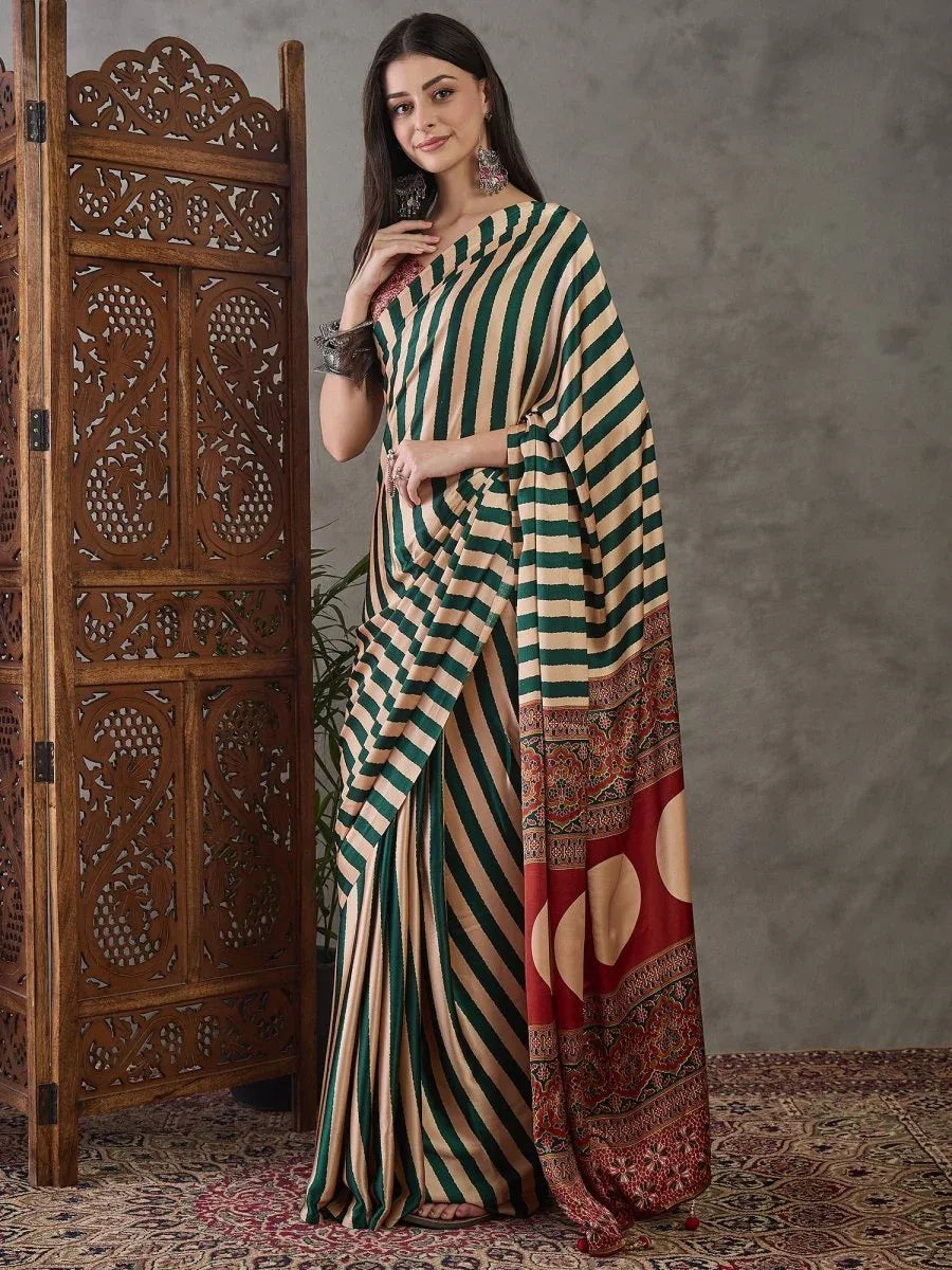 Green Semi Modal Saree With Blouse Piece - EZBER