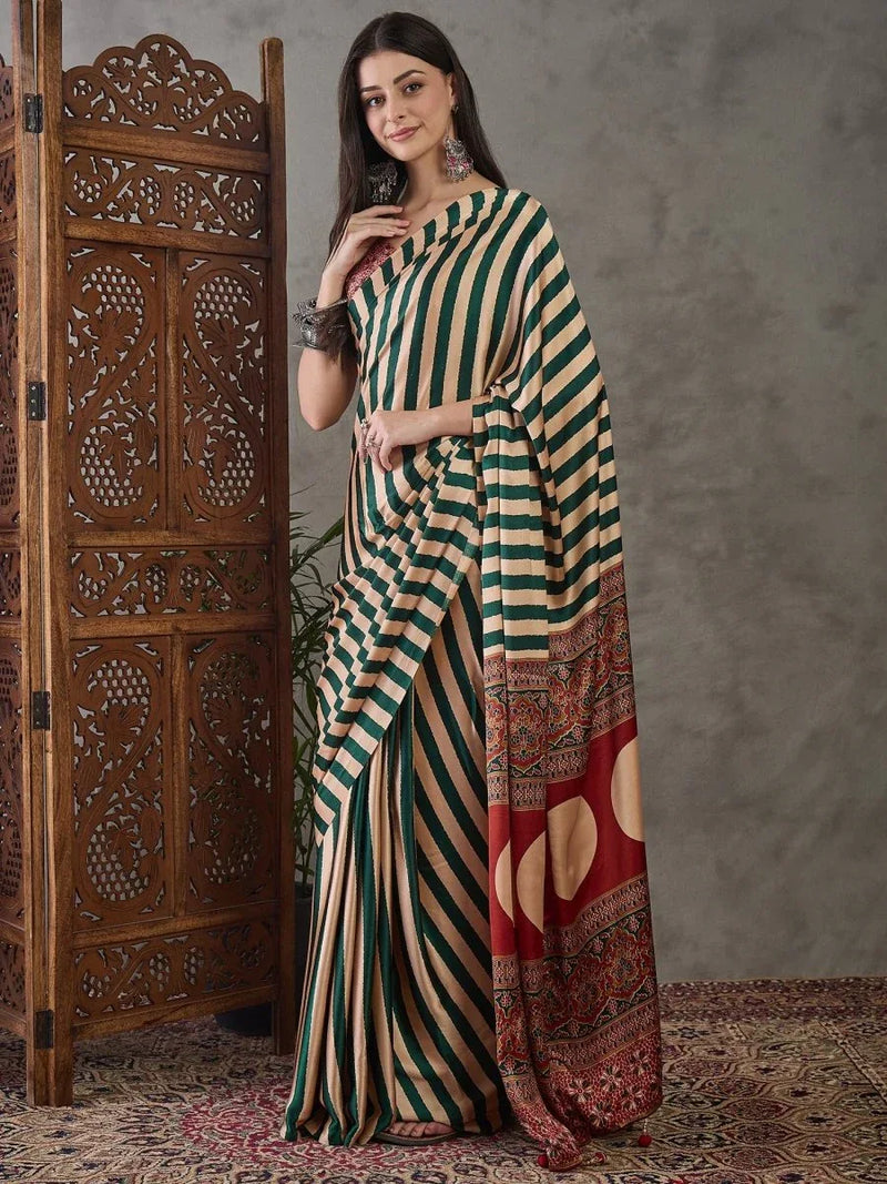 Green Semi Modal Saree With Blouse Piece - EZBER