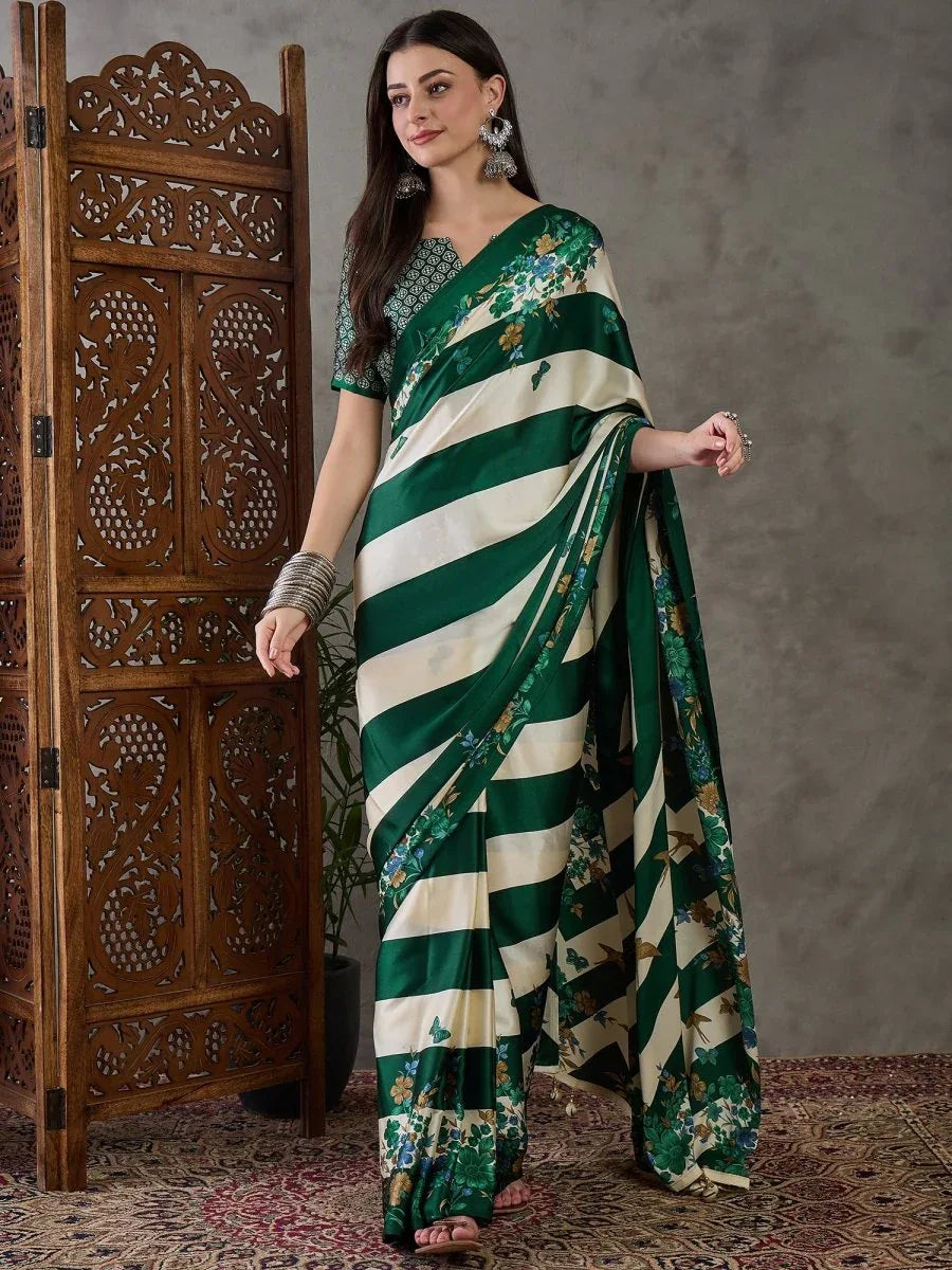 Green Semi Modal Saree With Blouse Piece - EZBER
