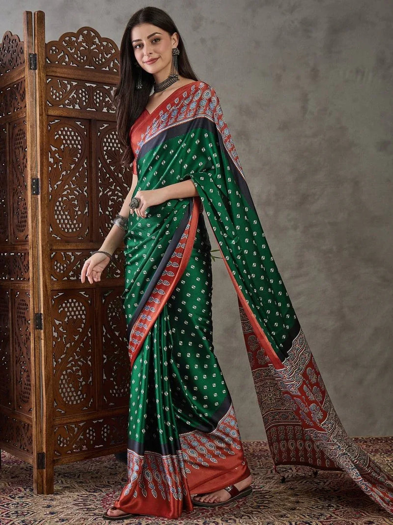 Green Semi Modal Saree With Blouse Piece - EZBER