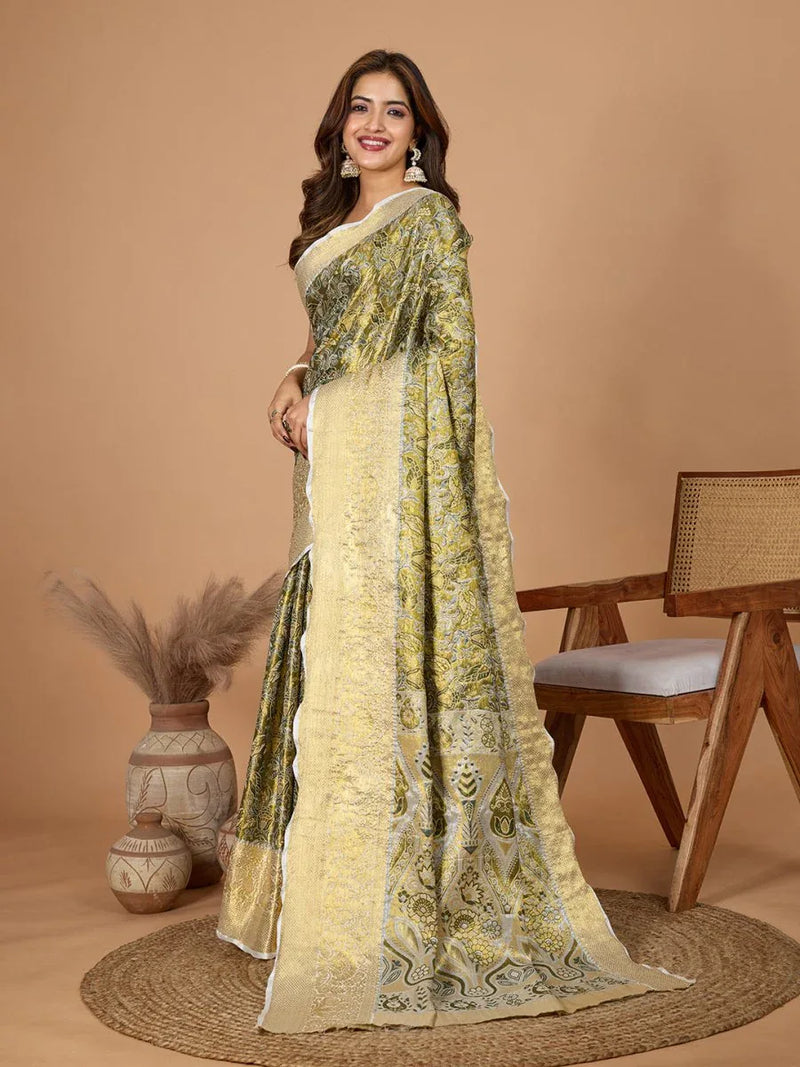 Green Semi Silk Saree With Blouse Piece - EZBER