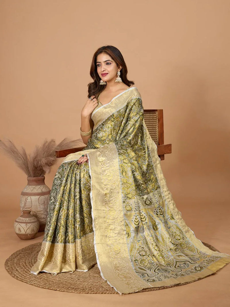 Green Semi Silk Saree With Blouse Piece - EZBER