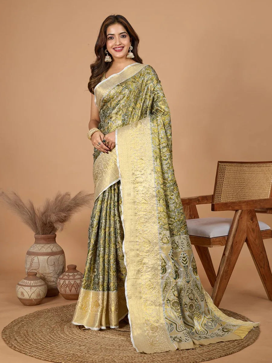 Green Semi Silk Saree With Blouse Piece - EZBER