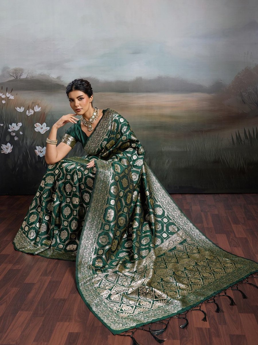 Green Silk Blend Handloom Saree | EZB SI04 SURJW2001 - EZBER