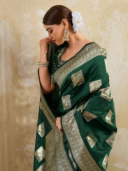 Green Silk Blend Handloom Saree | EZB SI04 SURJW3001 - EZBER