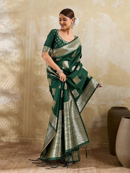 Green Silk Blend Handloom Saree | EZB SI04 SURJW3001 - EZBER
