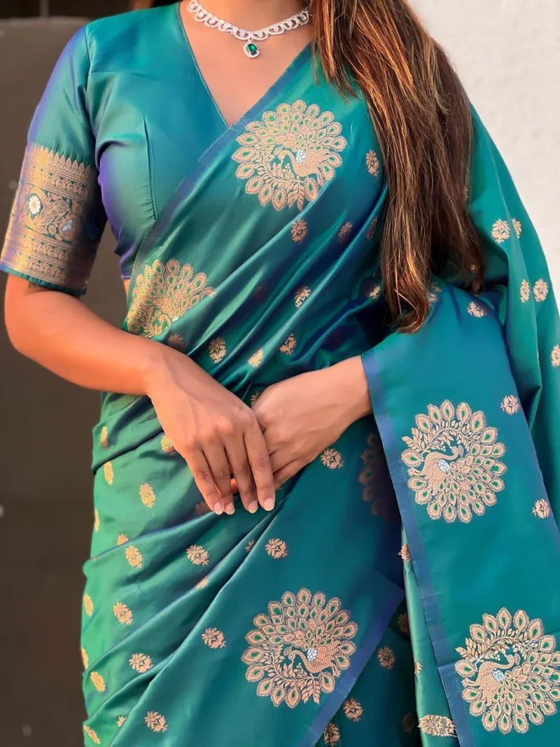 Green Soft silk Saree With Blouse Piece - EZBER