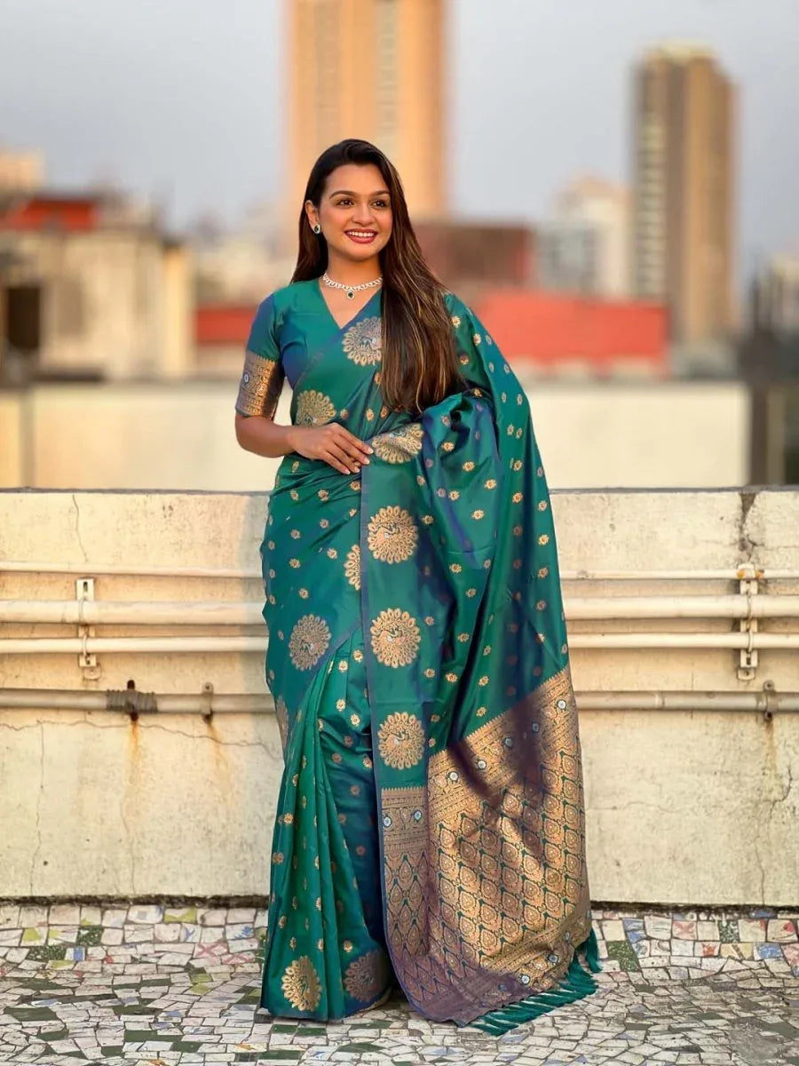 Green Soft silk Saree With Blouse Piece - EZBER