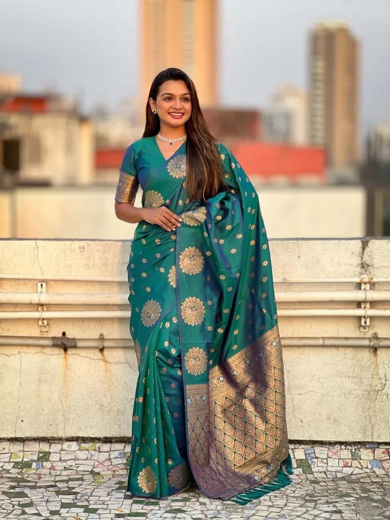 Green Soft silk Saree With Blouse Piece - EZBER