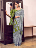 Grey And Green Mulmul Cottons Saree With Blouse Piece - EZBER