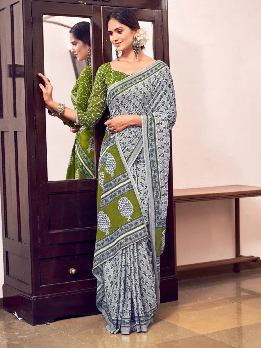 Grey And Green Mulmul Cottons Saree With Blouse Piece - EZBER