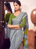 Grey And Green Mulmul Cottons Saree With Blouse Piece - EZBER