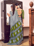 Grey And Green Mulmul Cottons Saree With Blouse Piece - EZBER