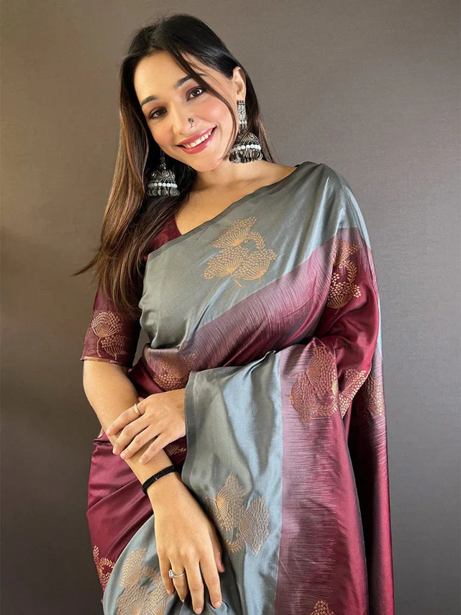 Grey And Maroon Soft Silk Saree With Blouse Piece - EZBER