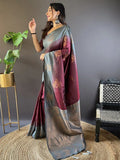 Grey And Maroon Soft Silk Saree With Blouse Piece - EZBER