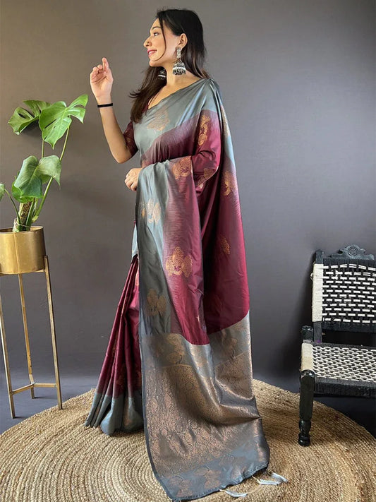 Grey And Maroon Soft Silk Saree With Blouse Piece - EZBER