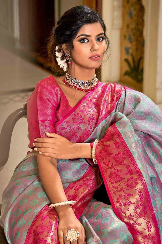 Grey And Pink Banarasi Saree - EZBER