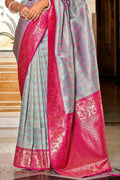 Grey And Pink Banarasi Saree - EZBER